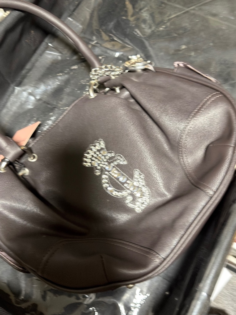 Vintage Juicy Couture Rhinestone Anchor Crest Satchel Brown Ring Charm Y2K